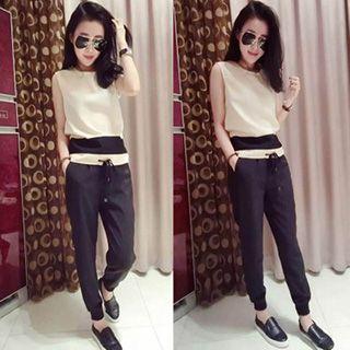 Set: Two-tone Sleeveless Top + Harem Pants