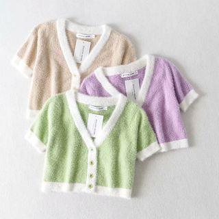 Short-sleeve Contrast Trim Cropped Cardigan