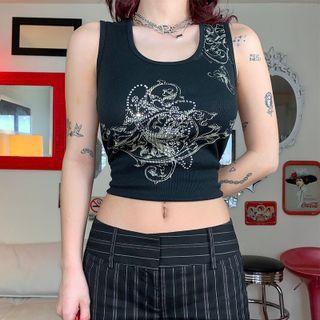 Flower Print Rhinestone Crop Tank Top