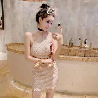 Sequined Cut-out Spaghetti Strap Bodycon Dress