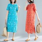 Ethnic Floral Cotton Linen Short-sleeve Stand-collar Dress