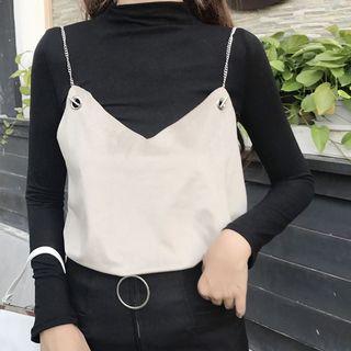Set : Long-sleeve T-shirt + Velvet Spaghetti Strap Top
