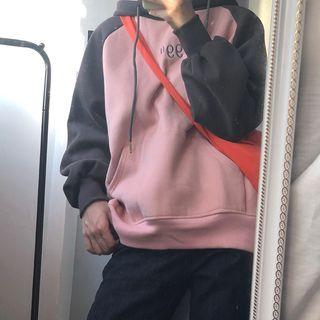 Color Block Lettering Hooded Pullover Gray & Pink - One Size