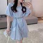Bubble-sleeve Loose-fit Shirtdress With Belt