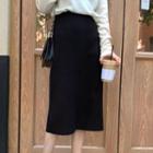 High-waist Woolen Plain Slit Skirt