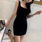 Plain Square-neck Sleeveless Mini Sheath Dress Black - One Size