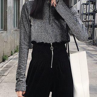 Long-sleeve Zip-up Glittering Top