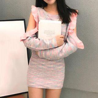 Cut Out Shoulder Frill Trim Long Sleeve Knit Dress