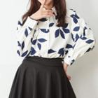 Long Sleeve Leaves Print Blouse Blue - One Size