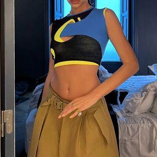 Crew Neck Color Block Crop Tank Top