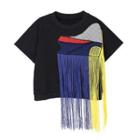 Elbow-sleeve Color Block Fringed T-shirt Black - One Size