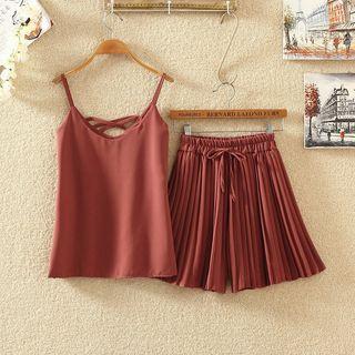 Set: Cross Strap Camisole Top + Pleated Wide Leg Shorts