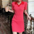 Short-sleeve Knit Dress Watermelon Red - One Size