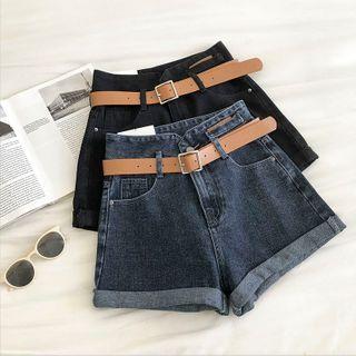 Roll-up High-waist A-line Denim Shorts With Belt