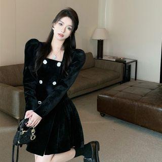 Square-neck Velvet Puff Sleeve Dress Black - One Size