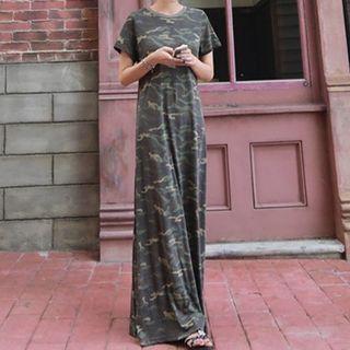 Short-sleeve Camo Print Maxi A-line T-shirt Dress