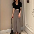 V-neck Short-sleeve Crop Top / High-waist Wide-leg Pants