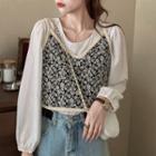 Plain Long-sleeve Blouse / Floral Camisole Top