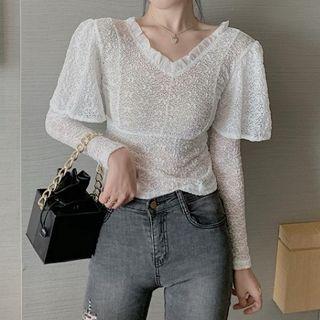 Long-sleeve V-neck Ruffled Lace Top White - One Size