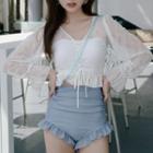 Set: Long-sleeve Lace-up Tankini Top + Ruffled Bottom