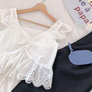 Plain Eyelet Lace Lace-up Ruffled-trim Blouse White - One Size