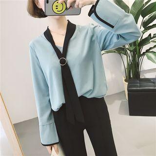 V-neck Loose-fit Long Sleeve Chiffon Blouse