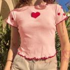 Short Sleeve Heart Print Ruffled-trim Crop Top