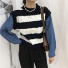 Denim Panel Striped Cable-knit Sweater