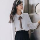 Long-sleeve Collar Tie-neck Blouse White - One Size