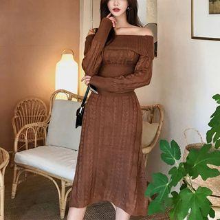 Off-shoulder Rib Knit Midi Sweater Dress