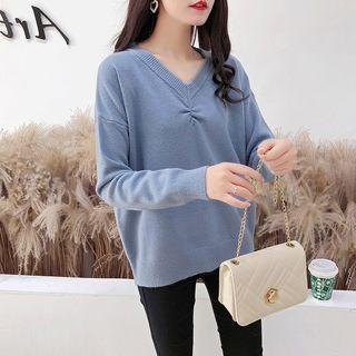 Long-sleeve Ruffled V-neck Knit Top