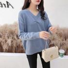 Long-sleeve Ruffled V-neck Knit Top