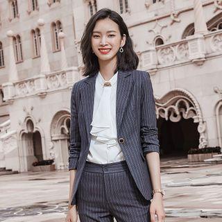 Pinstriped Blazer / Pencil Skirt / Straight-cut Pants / Tie-neck Blouse