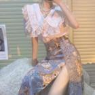 V-neck Plain Lace Blouse / High-waist Floral Lace A-line Split Skirt