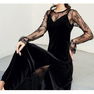 Set: Long-sleeve Lace Top + Spaghetti Strap Maxi Velvet Dress