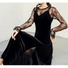 Set: Long-sleeve Lace Top + Spaghetti Strap Maxi Velvet Dress