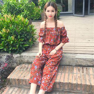 Floral Print Elbow Sleeve Off Shoulder Jumpsuit