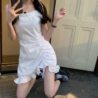Ruffled Side-slit Suspender Skirt