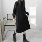 Long-sleeve Knit Mock-neck Midi Dress Black - One Size
