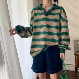 Lapel Color Block Striped Long-sleeve Top