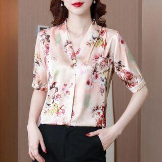 Short-sleeve Floral Print Silky Blouse