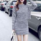 Set: Plain Crew-neck Sweater + Knit High-waist Mini Pencil Skirt
