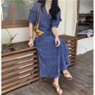 Puff-sleeve V-neck Floral Printed Chiffon Dress Floral - One Size