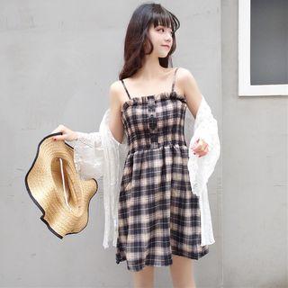 Spaghetti Strap Mini Plaid Dress / Lace Jacket