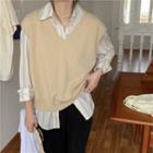 Plain V-neck Knit Vest / Long-sleeve Striped Shirt