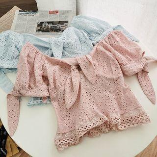 Short-sleeve Eyelet Lace Shirred Crop Top