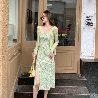 Floral Chiffon A-line Dress / Plain Cardigan