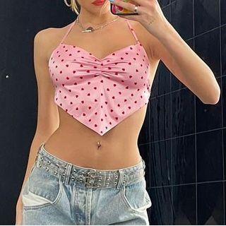 Heart Print Asymmetric Crop Halter Top Pink - One Size