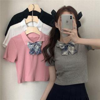 Short-sleeve Bow Neck Knit Top