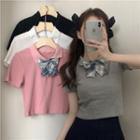 Short-sleeve Bow Neck Knit Top